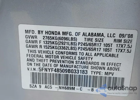 2009 Honda Pilot Ex-L from USA, damaged, VIN 5FNYF48509B033183